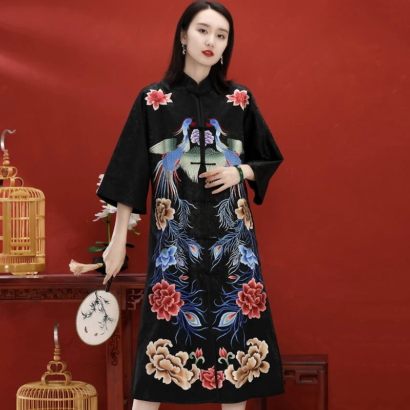 

Spring And Autumn New High-End Custom Chinese Style Hand Embroidery Phoenix Three Quarter Sleeve Mid-Length Women's Coat M-3XL