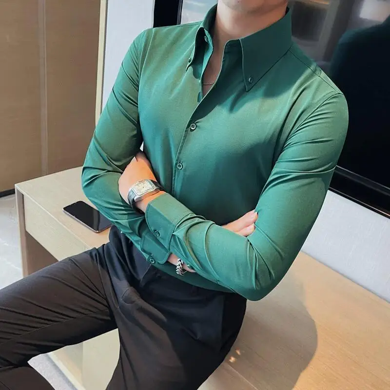 

Plus Size 5XL-M Men High Quality Dress Shirt 2023 Autumn Long Sleeve Solid Business Slim Shirts Homme Dress Social Casual Shirt