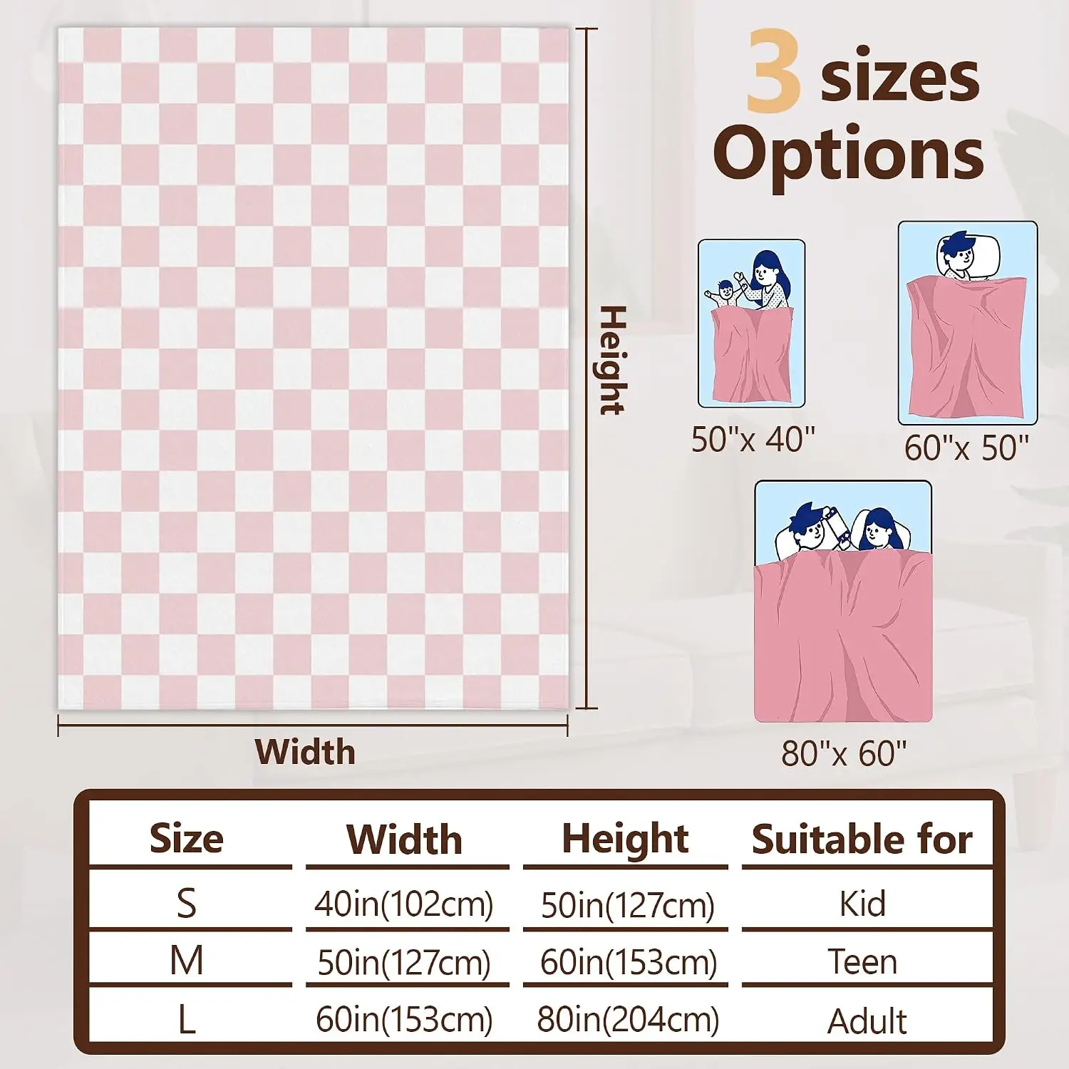 Oversized Pink and White Checkered Gingham Blanket Throw for Couch Bed Picnic Cozy Decor Winter Season 150x200cm Giant Soft Knit