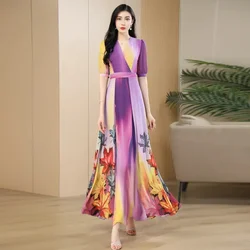 Purple Printed Dress For Women in the Summer of 2024 Chiffon Style Appears Slim Super Long Large Hem With a Delicate Ankle Skirt