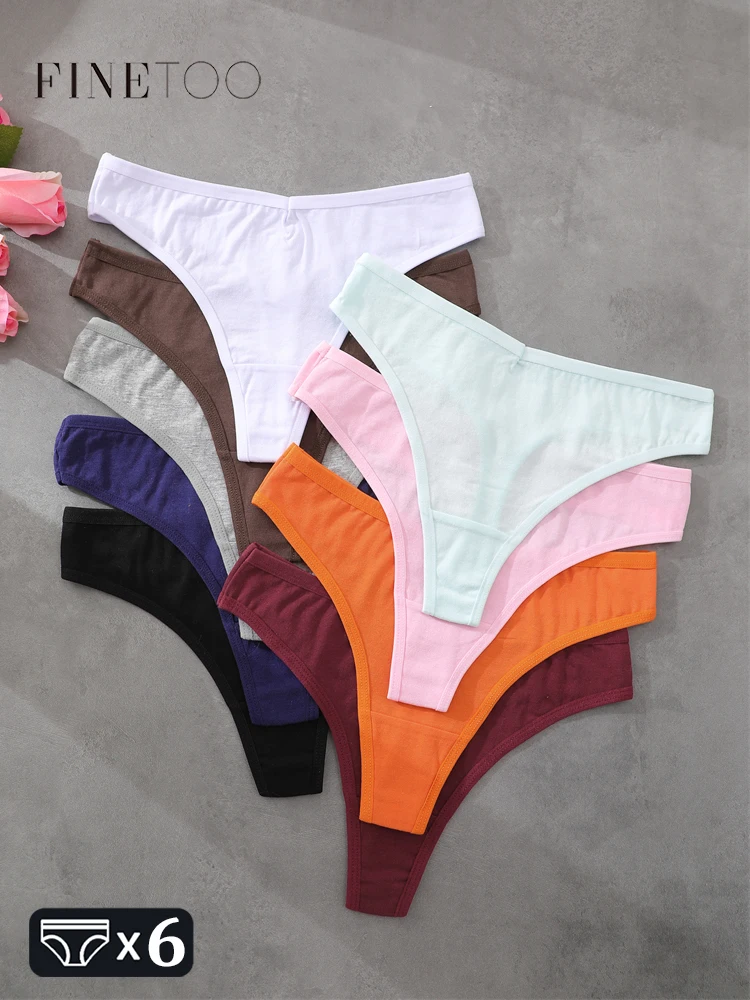 6PCS/Set Cotton Seamless Thongs Women's Sexy V-Waist Underwear Low Rise Breathable T-Back Girls Solid Color Comfortable G-string