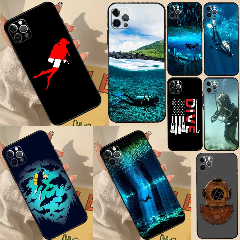 Scuba Tauchen Taucher Telefon Fall Für iPhone 16 Pro Max 14 13 12 11 15 Pro Max mini XR 15 16 Plus 16e Abdeckung Coque