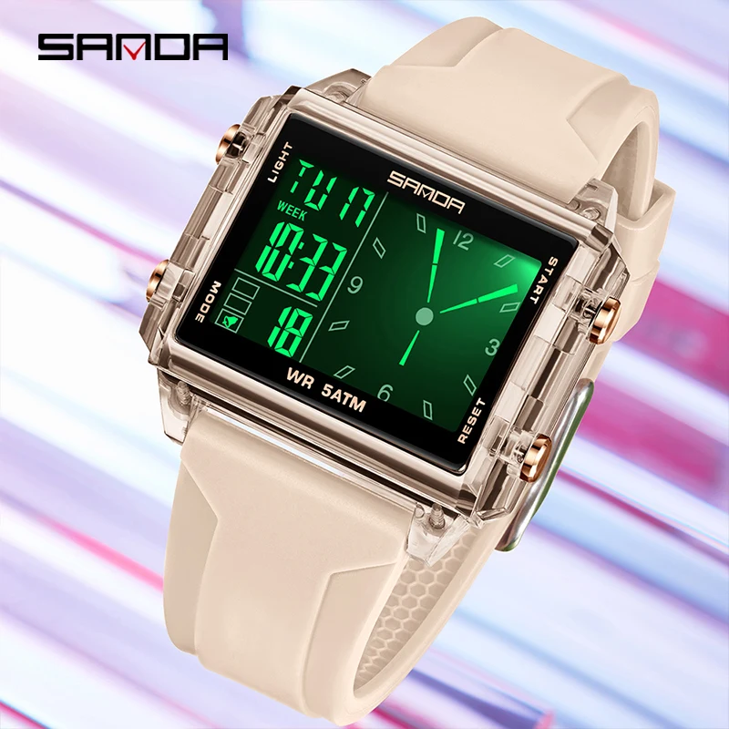 SANDA 6273 ساعات إلكترونية عصرية للرجل تقويم مضيء مقاوم للماء ساعة رياضية خارجية كاجوال للسيدات ساعة يد رقمية