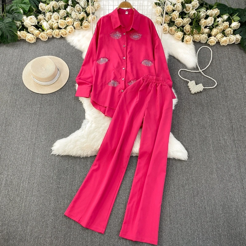 

Fashion Two-Piece Set Rhinestone Lapel Long Sleeved Sunscreen Shirt and Casual High Waist Slim Wide Leg Pants Set
