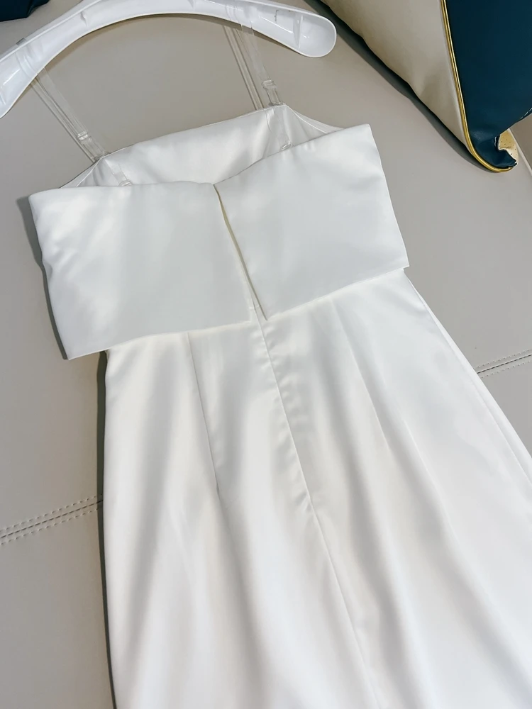 Sexy blanco Me vestido dividido con cuentas francés Sle cintura alta Svel envoltura asimétrica diseño en el pecho A-Line Dr para primavera S...