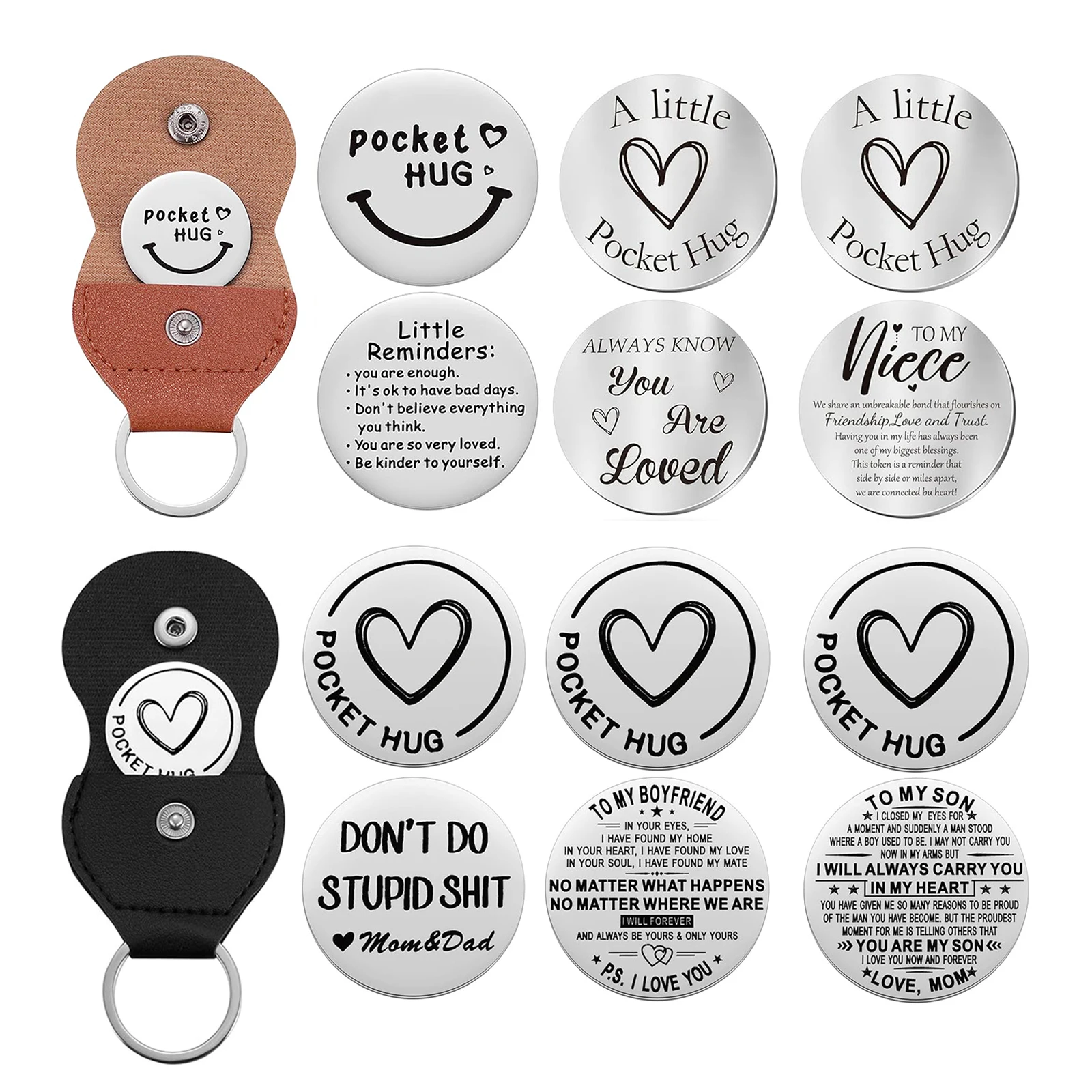 Custom Stainless Steel Double Sided Coin with PU Leather Keychain Pocket Hug Token Long Distance Relationship Keepsake Gift
