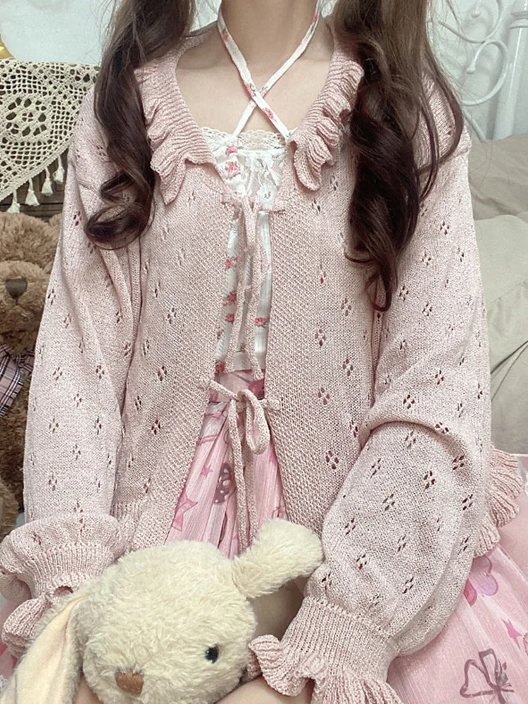 KIMOKOKM Japanese Preppy Style Sweet Girly Bandaged Bow Cardigan Vintage Solid Color Sweetheart Flare Sleeve Knitting Sweater