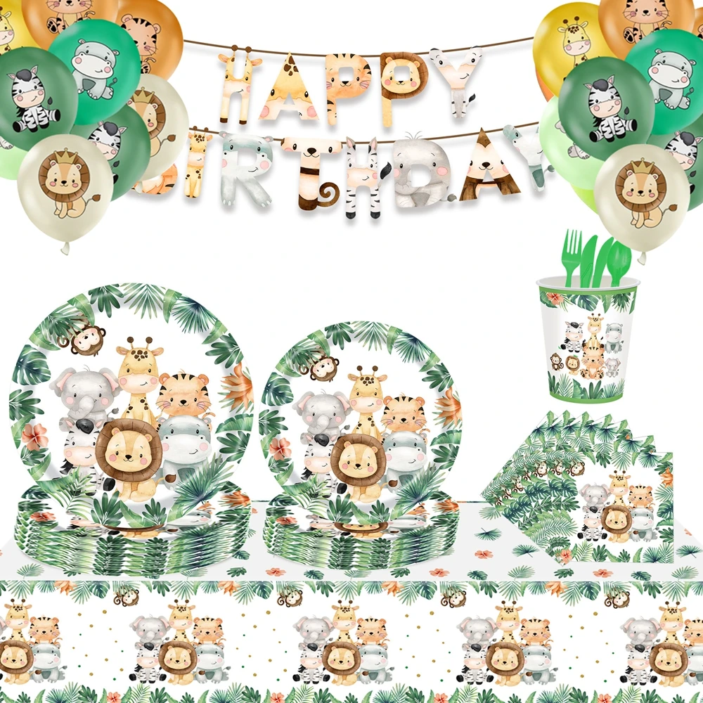 1 Satz Karton Tier Einweg geschirr Papp teller Servietten becher für Kinder Dschungel Safari Wald alles Gute zum Geburtstag Party Dekorationen
