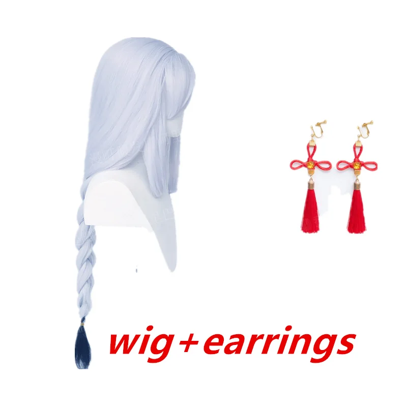 Game Genshin Impact Shenhe Cosplay Wig Blue White Color Long Braids Headwear Heat Resistant Synthetic Hair