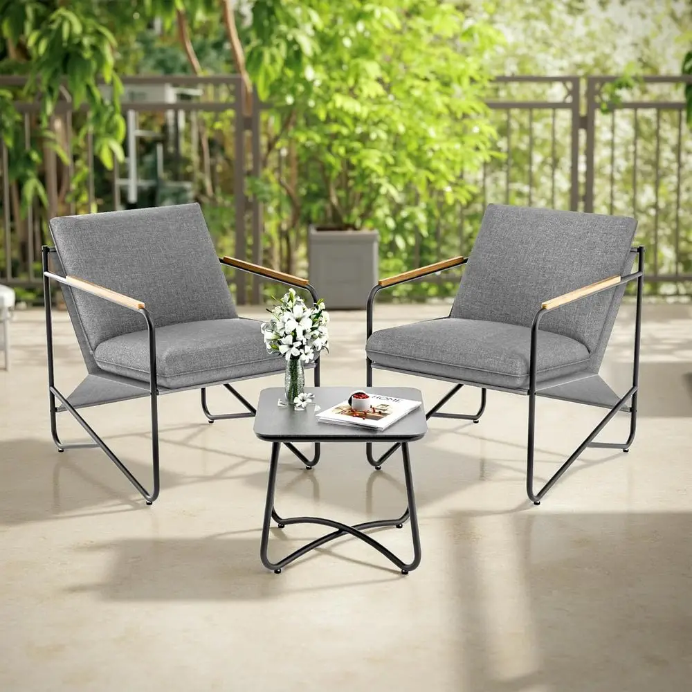 مجموعة أثاث خارجي مكونة من 3 قطع باللون الرمادي: كرسيين وطاولة زجاجية للفراحات الصغيرة والشرفات والفناء الخلفي #3