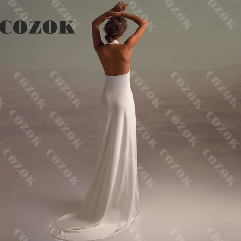 Cetim sexy encantador simples vestidos de casamento halter pescoço sem mangas sem costas vestidos de noiva de novia personalizado zx03