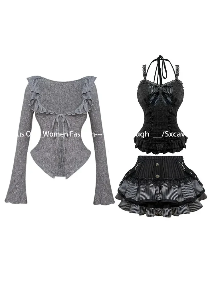 Sweet Lolita Vintage Suits Women Ruffles Cardigan + Sexy Y2k Corset Vest + Mini Skirts Autumn Korean Elegant 3 Piece Dress Sets