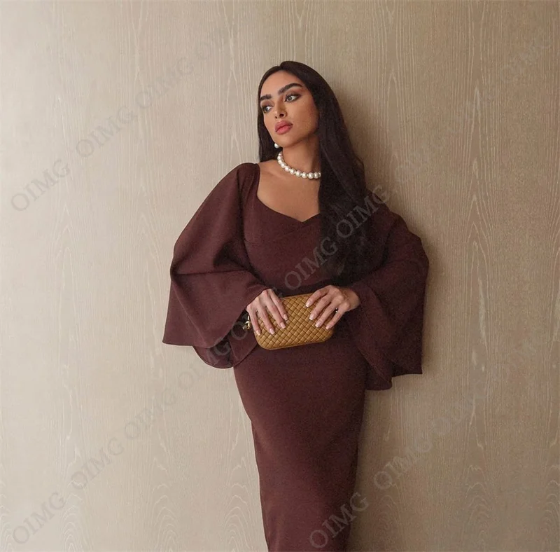 OIMG Vintage Dark Brown Prom Dresses Long Sleeve Beach Saudi Arabic Evening Gown for Women Formal Party Dress فساتين الحفلات