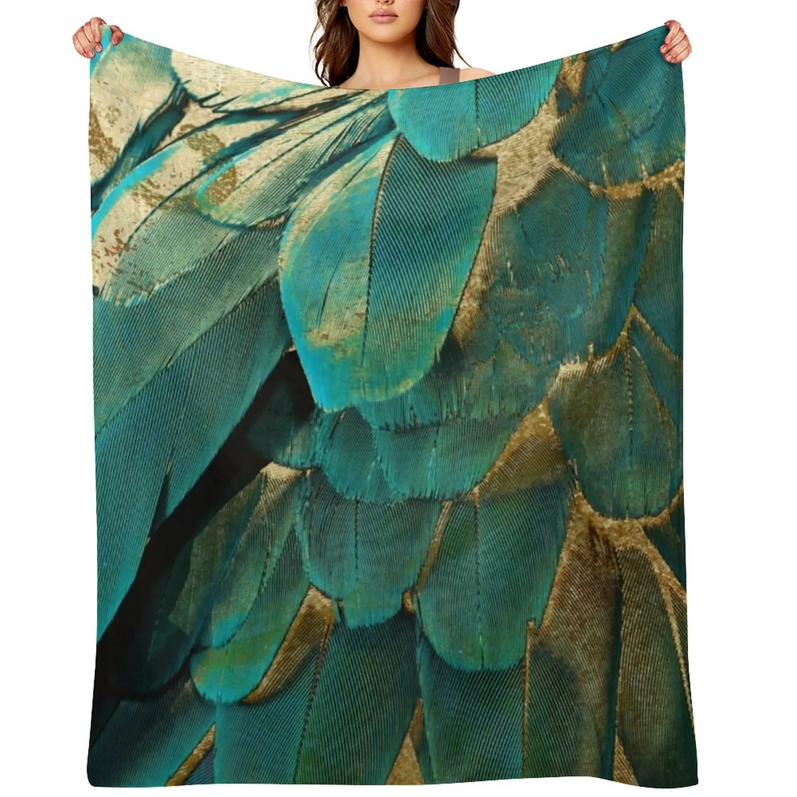 

Feather Glitter Teal and Gold Throw Blanket Nap Summer Beddings Plush Quilt Blankets