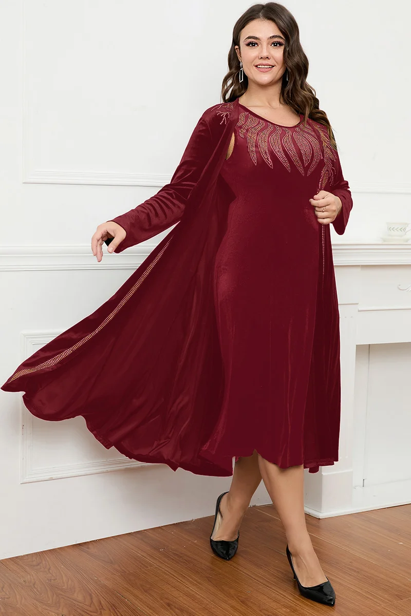 Plus Size Damen kleid zweiteiliges Kleid Set Samt Herbst druck Rundhals ausschnitt lässig elegantes Tank kleid und langes Jacken outfit