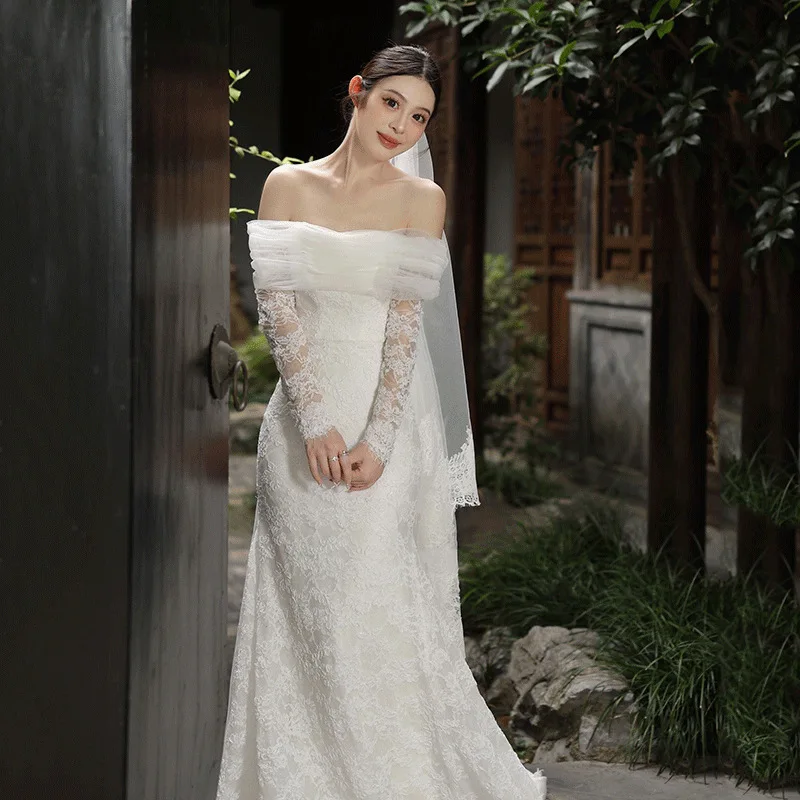 Gaun Pengantin Mermaid Putih Tanpa Bahu Lengan Panjang Berbahan Renda untuk Wanita, Gaun Pengantin Model Court Train yang Dapat Disesuaikan, Vestidos De Novia