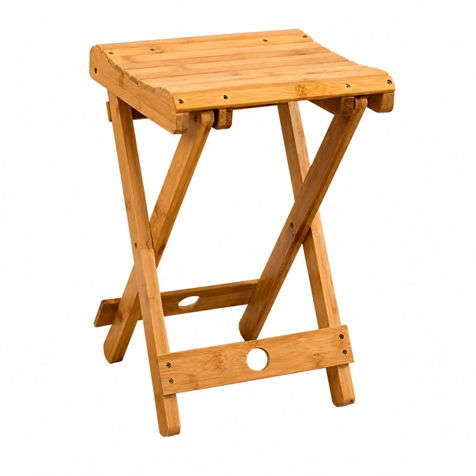 Portable Bamboo Folding Seat Stool Natural Wood Finish Slatted Rectangular Top Sturdy Crossed Legs for Camping Travel Home Use