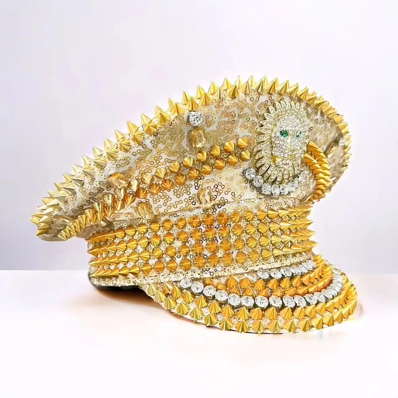 HongLuan Sombreros de capitán de León Dorado con Diamantes de imitación para Mujer de Festival de Hombre Quemador, Sombrero de Disfraz de Halloween para Adultos, Accesorios de Cosplay
