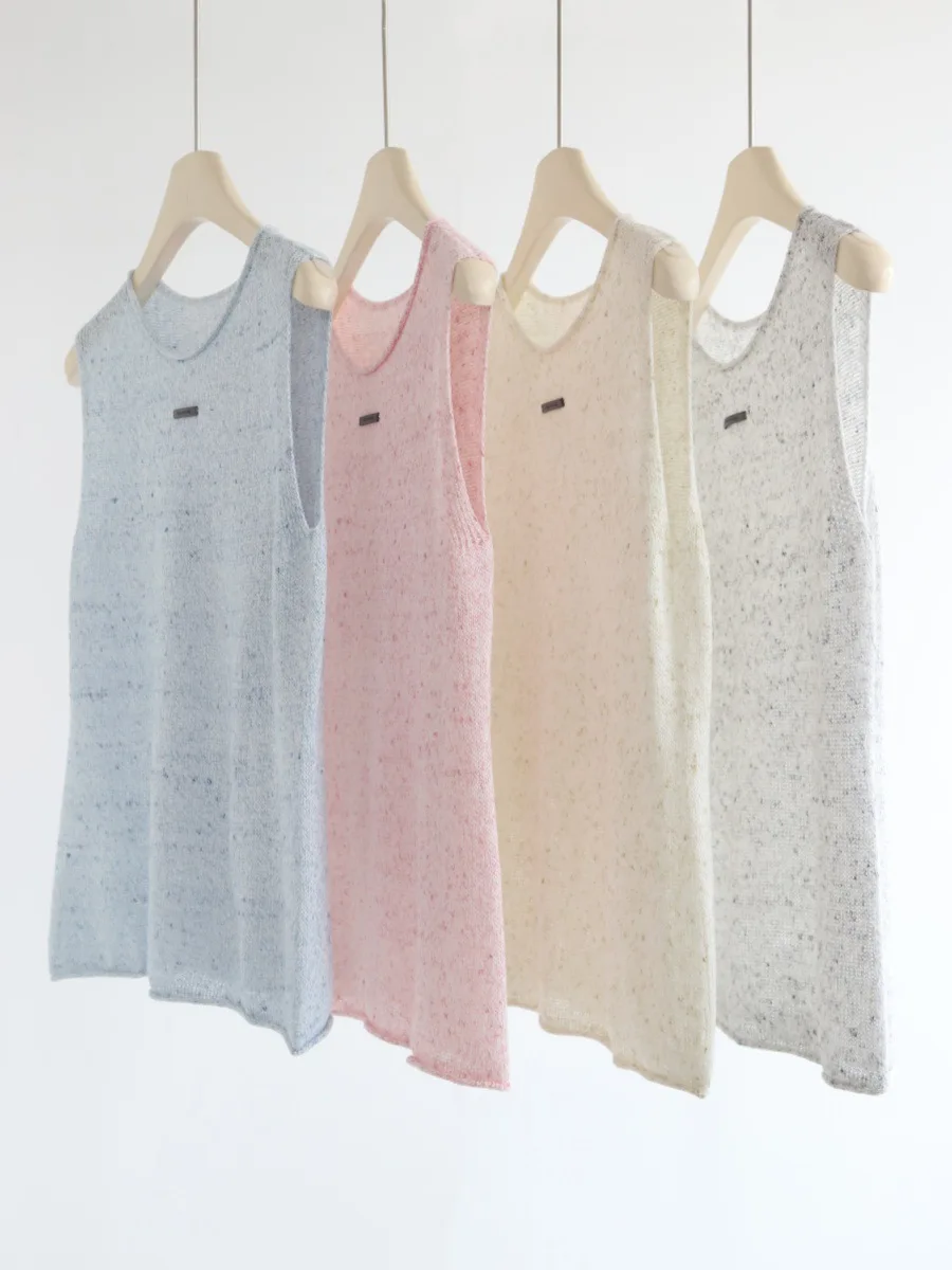 Dave&di Linen Blend Sleeveless Knitted Vest, 7-needle Moha Minimalist Knitted Top For Women T-shirt Woman Clothes Female Clothin