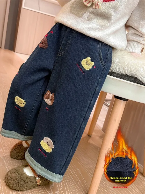 

Широкие брюки с вышивкой для девочек, зимние модные повседневные джинсы на подкладке с полотенцесушителем, дизайн маленькой собаки, высокая талия, прямой крой