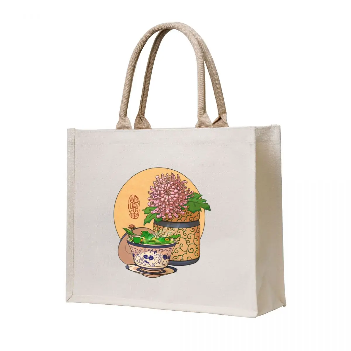 

tea cup chrysanthemum flower frog yellow bg Tote Bag Shopper bag luxury women cute tote bag hand