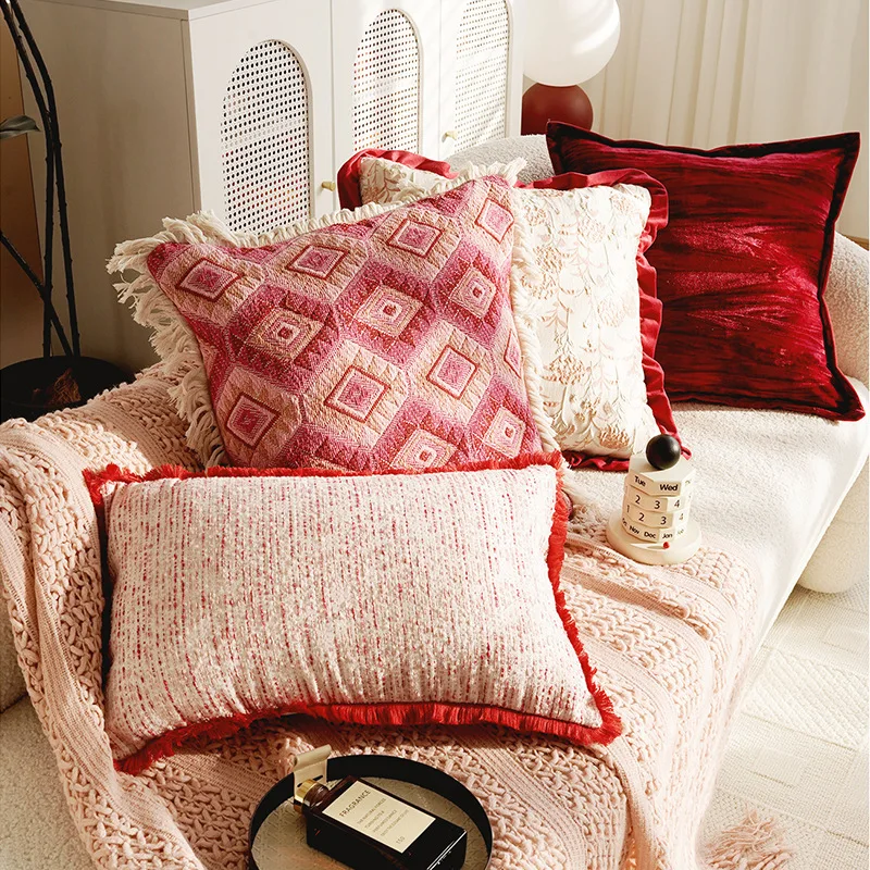 

Boho Pink Cushion Cover with Embroidered Geometric Pattern and Tassels 45x45cm Soft Decorative Pillowcase for Sofa & Living Room