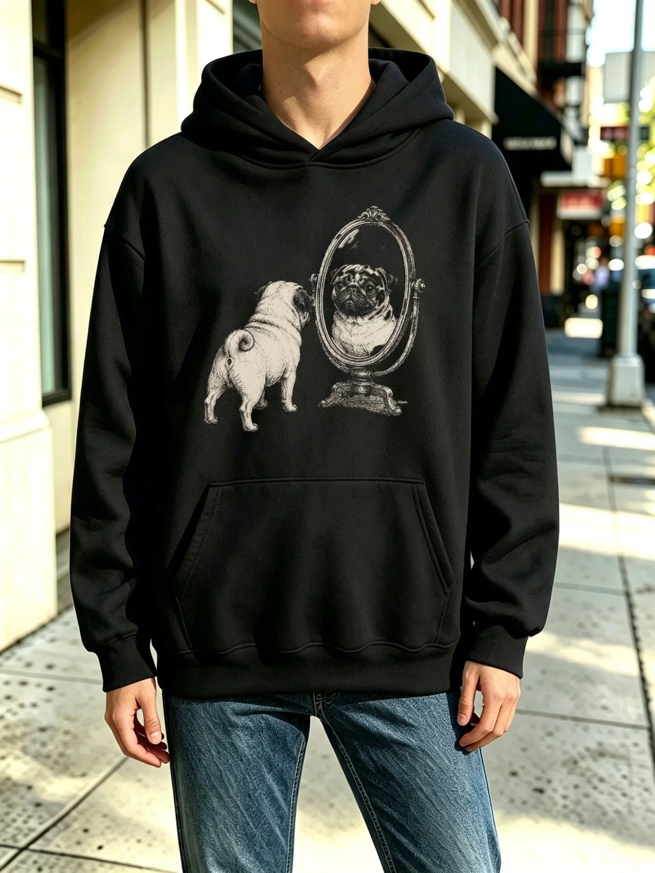 Men's Hooded Sweatshirt, Pug Dog Looking at a Damaged Mirror Reflection Design, Casual Basic Style, Loose Fit, Autumn and Winter Daily Outdoor Casual Workwear, Soft Lining, Long Sleeves with Kangaroo Pocket