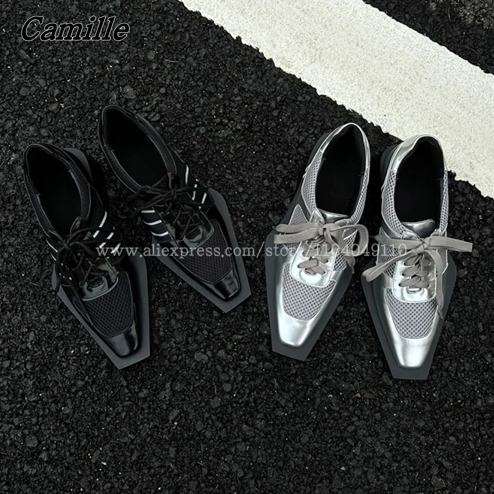 Punk Style Air Mesh Chunky Mid Heel Casual Sneaker Pumps 2025 New Silver Lace Up Ankle Boots Retro Functional Style Cool Shoes