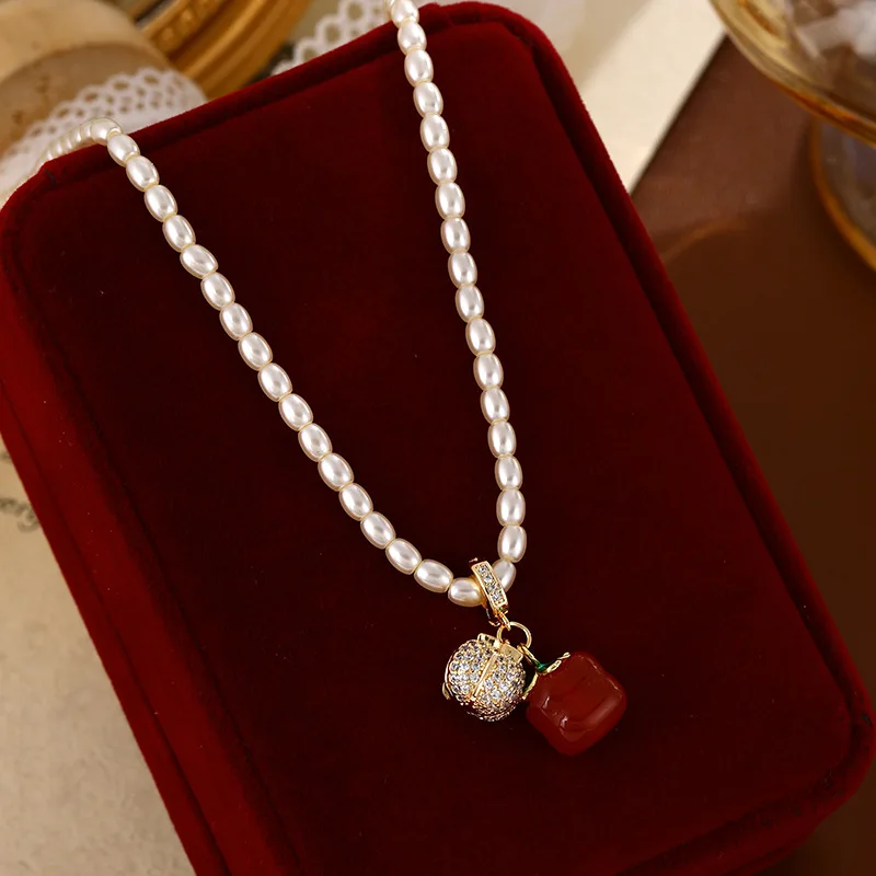 

Lucky Persimmon Necklace – Vintage Red Agate Pendant with Pearl & Zirconia Dainty Adjustable Chain Minimalist Fashion Jewelry