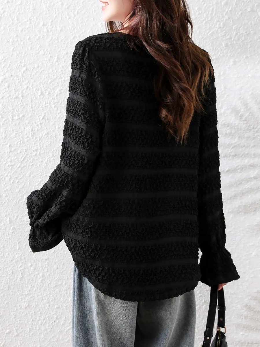 

Bla Textured Pleated irt Women's Early Autumn New Loose plus Size Casual European Sle Top Quali Faionable V-ne Bu...