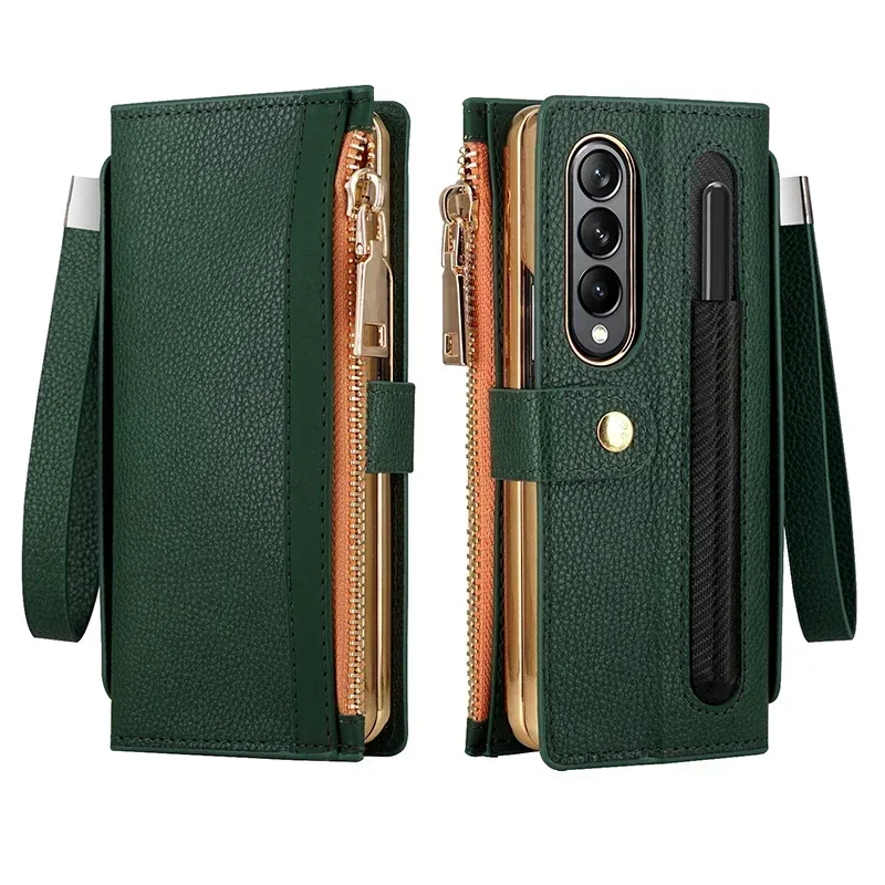 Wallet Leather Case For Samsung Galaxy Z Fold 5 4 3 2 6 ZFold5 ZFold4 With Pen Holder Card Slot Lanyard Zipper Wallets Flip Bag