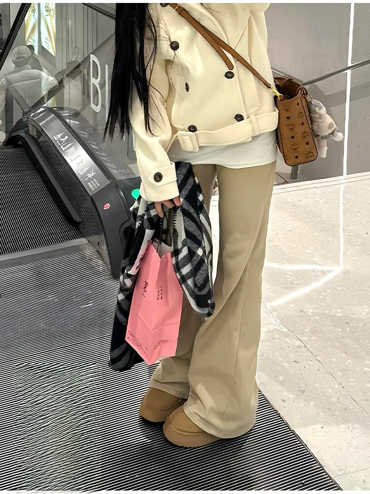 

Washed Khaki Color Bell Bottom Jeans Women's Summer Thin Wide Leg Pants High Waist Straight Leg Casual Style Zipper Closure