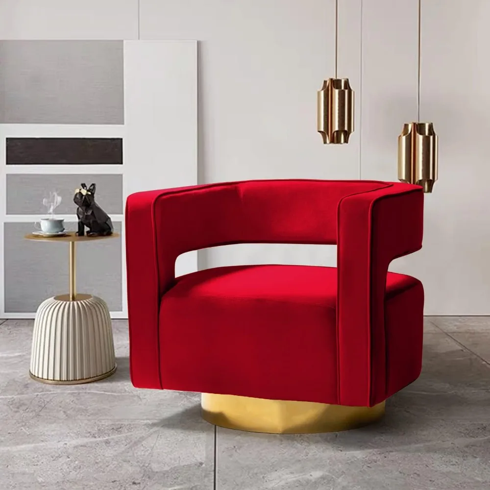 

modern velvet swivel armchair with 3d curved open back and gold metal base