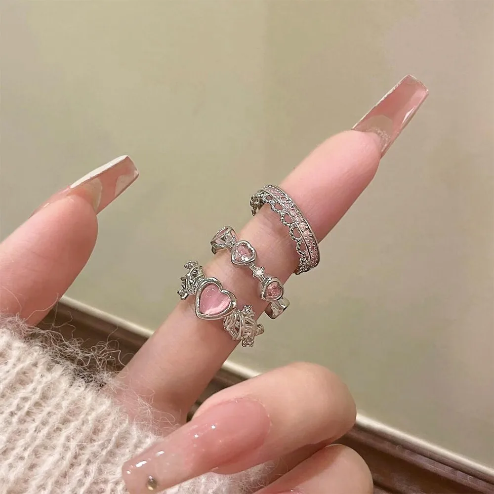 Fashion Zircon Opening Finger Ring Y2K Pink Crystal Irregular Heart Rings for Women Sweet Girls New Kpop Party Jewelry Gifts