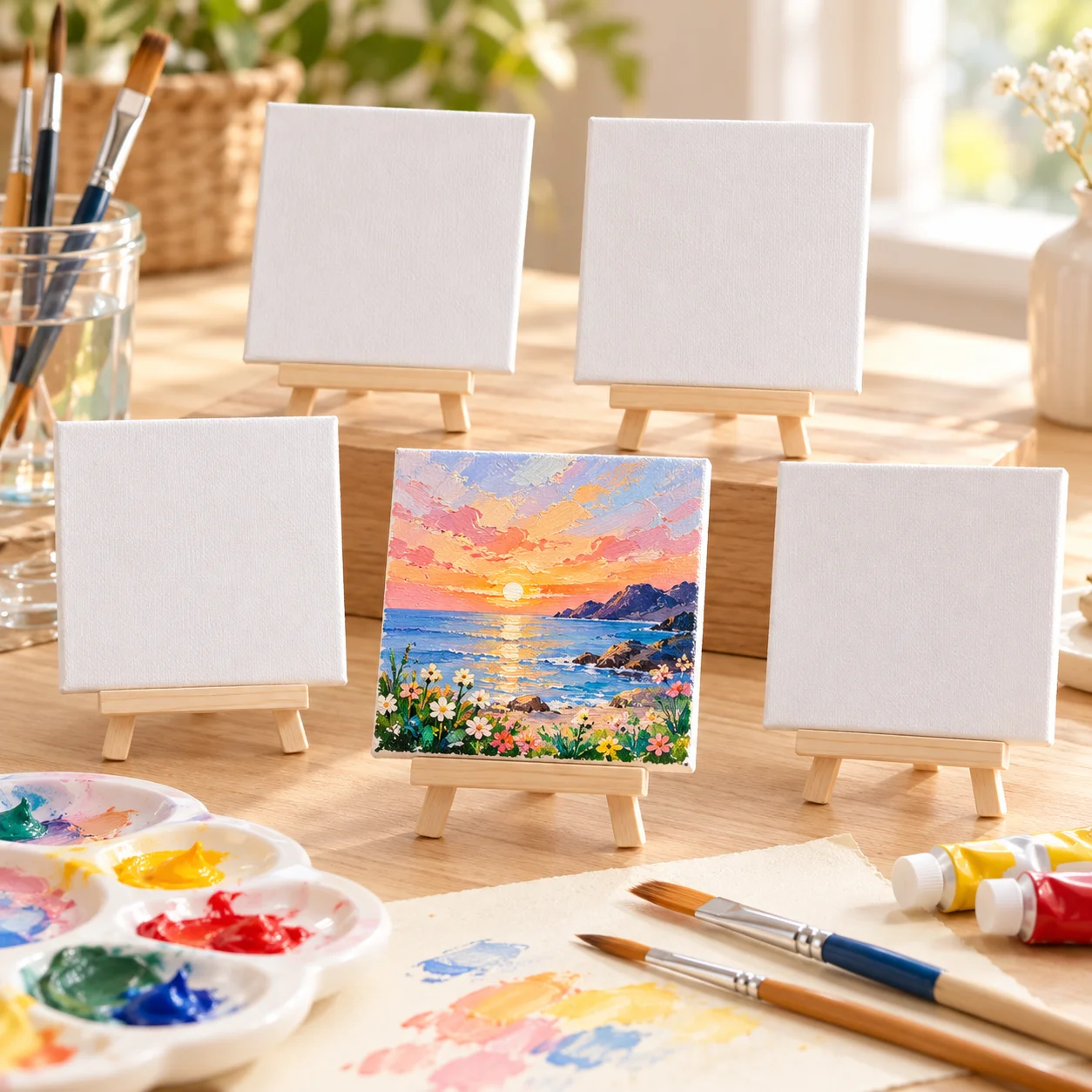 12pcs-Pack Mini Square Canvas and Wooden Easel Set for Painting, Tabletop Display, Party Crafts and Art Gifts