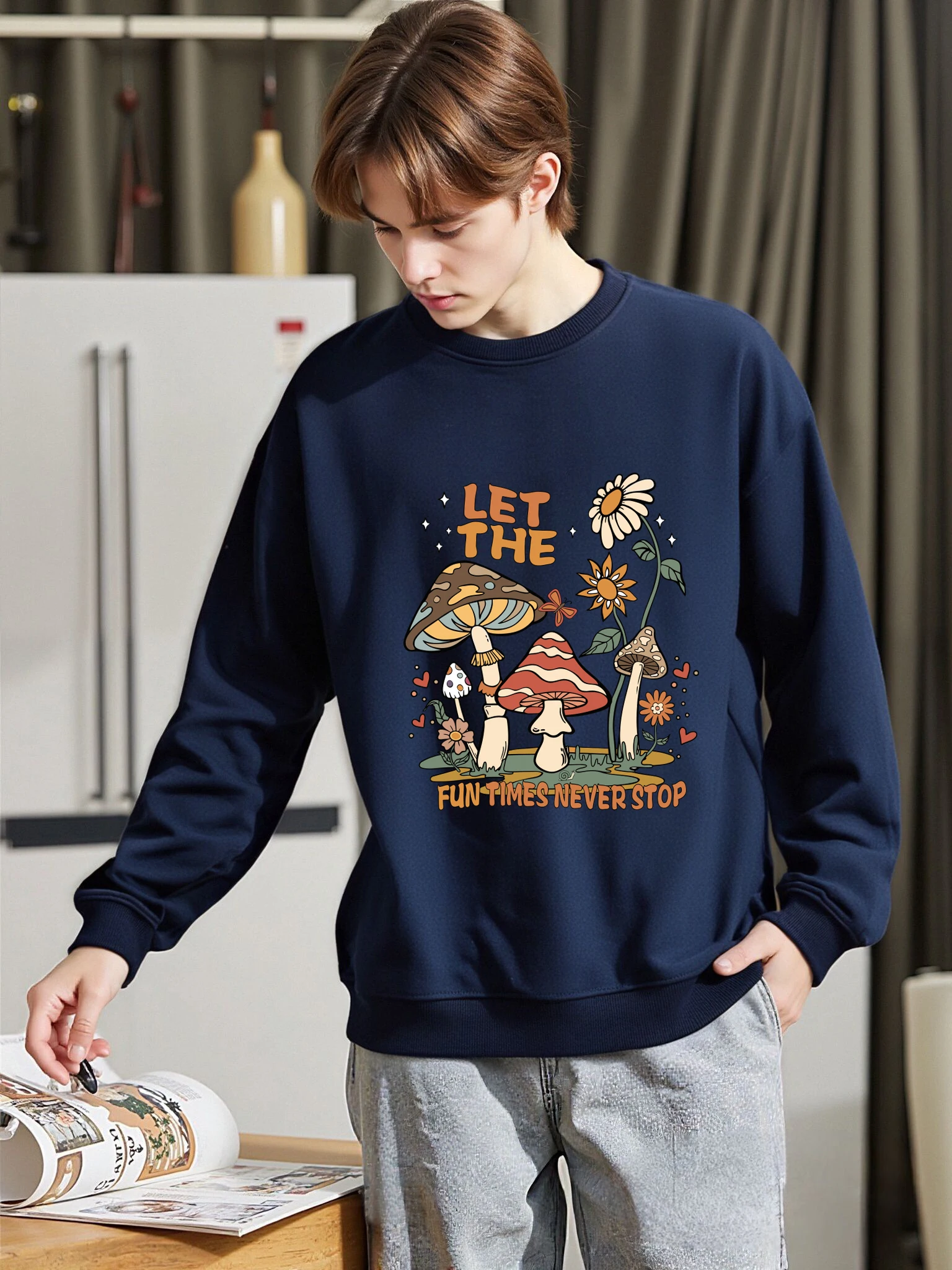 Let Fun Times Never Stop Mushroom Pullover Herren Herbst Oversize Langarm Casual All-Match Kleidung Unisex O-Ausschnitt Mode Top