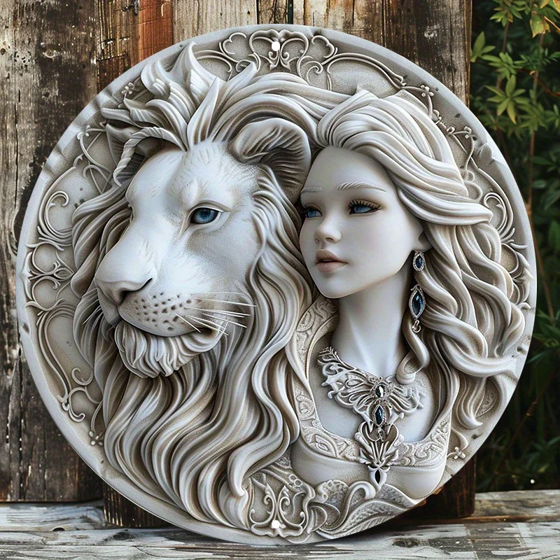 

Aluminum Metal Sign Art Set, Round Waterproof, HD Printed Wall Decor, White Lion and Woman Design, Home Decor 8x8in, 11.8x11.8in