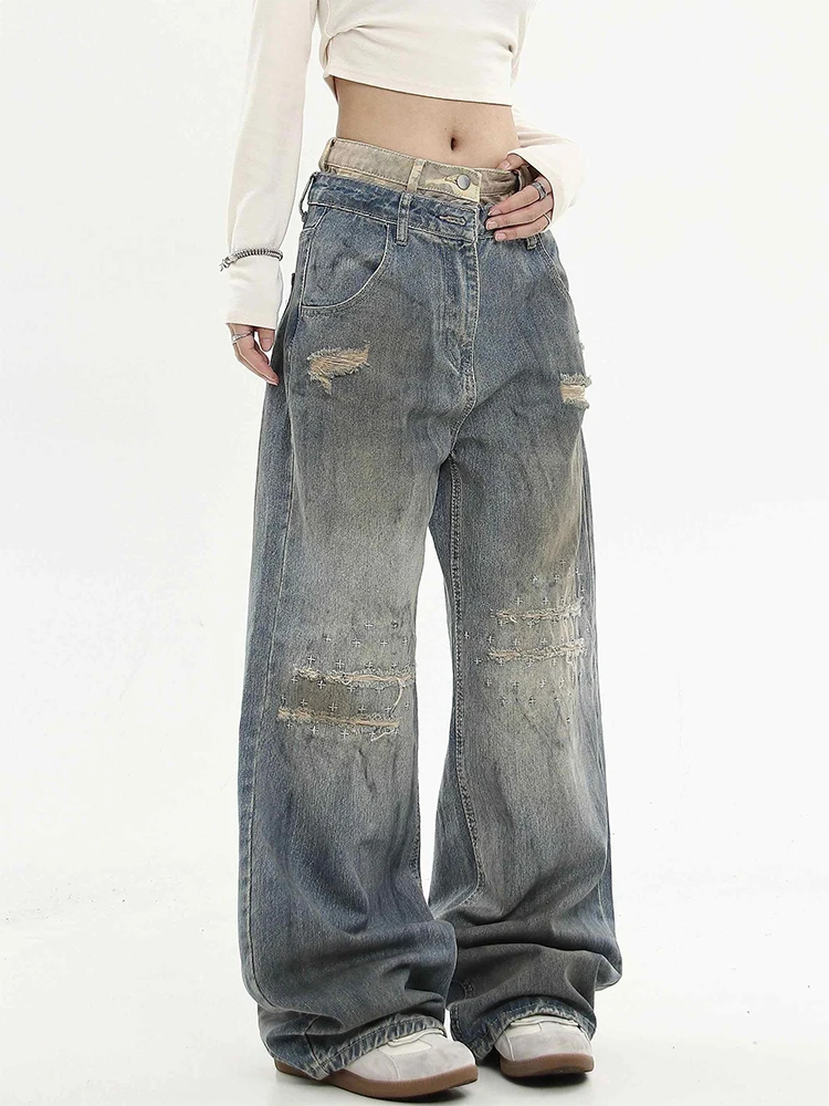 

Blue Women's Jeans Hip-hop Fashion Vintage Streetwear Y2K Wide Leg Straight Jean High Waist Trouser Classic Baggy Denim Pants