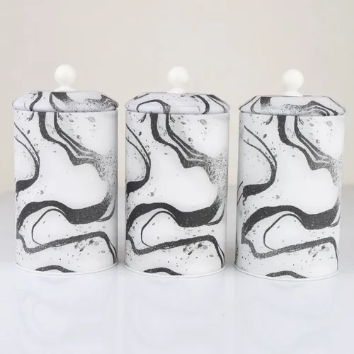 Kumsar 3'lü Metal White Marble Pattern Multi-Purpose Storage Box Round & Spice Rack Set