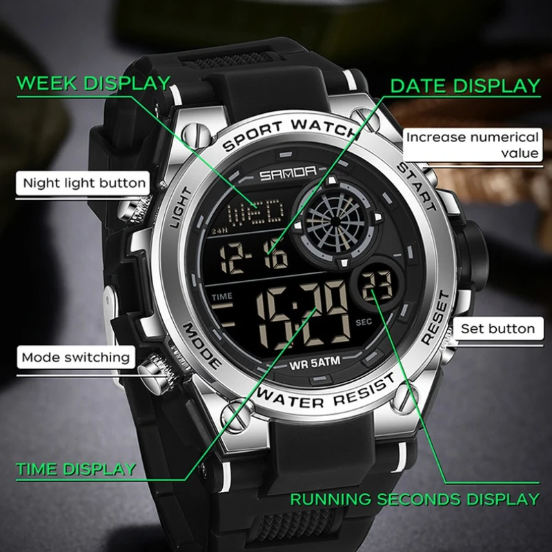 

SANDA 6255 Мужские электронные часы Многофункциональный ночник Спортивные часы на открытом воздухе Будильник Водонепроницаемые модные часы для мужчин