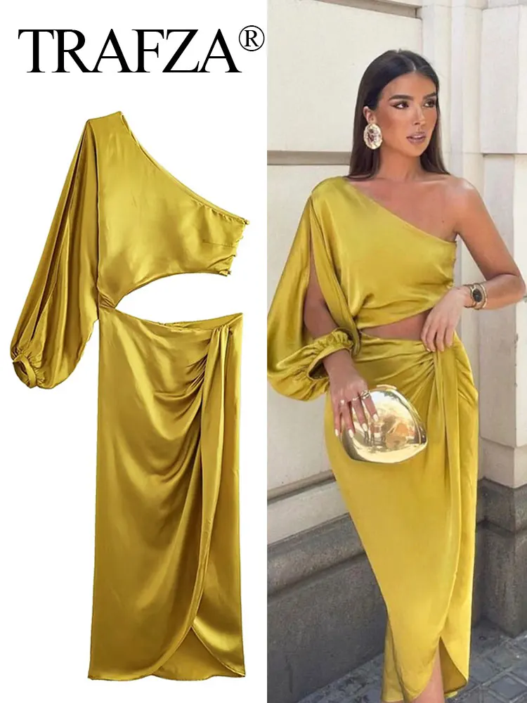 

TRAFZA Women Dress Summer Asymmetric Sexy Long Dress Hollow Out Waist Ruched Off Shoulder Woman Solid Elegant Evening Dresses