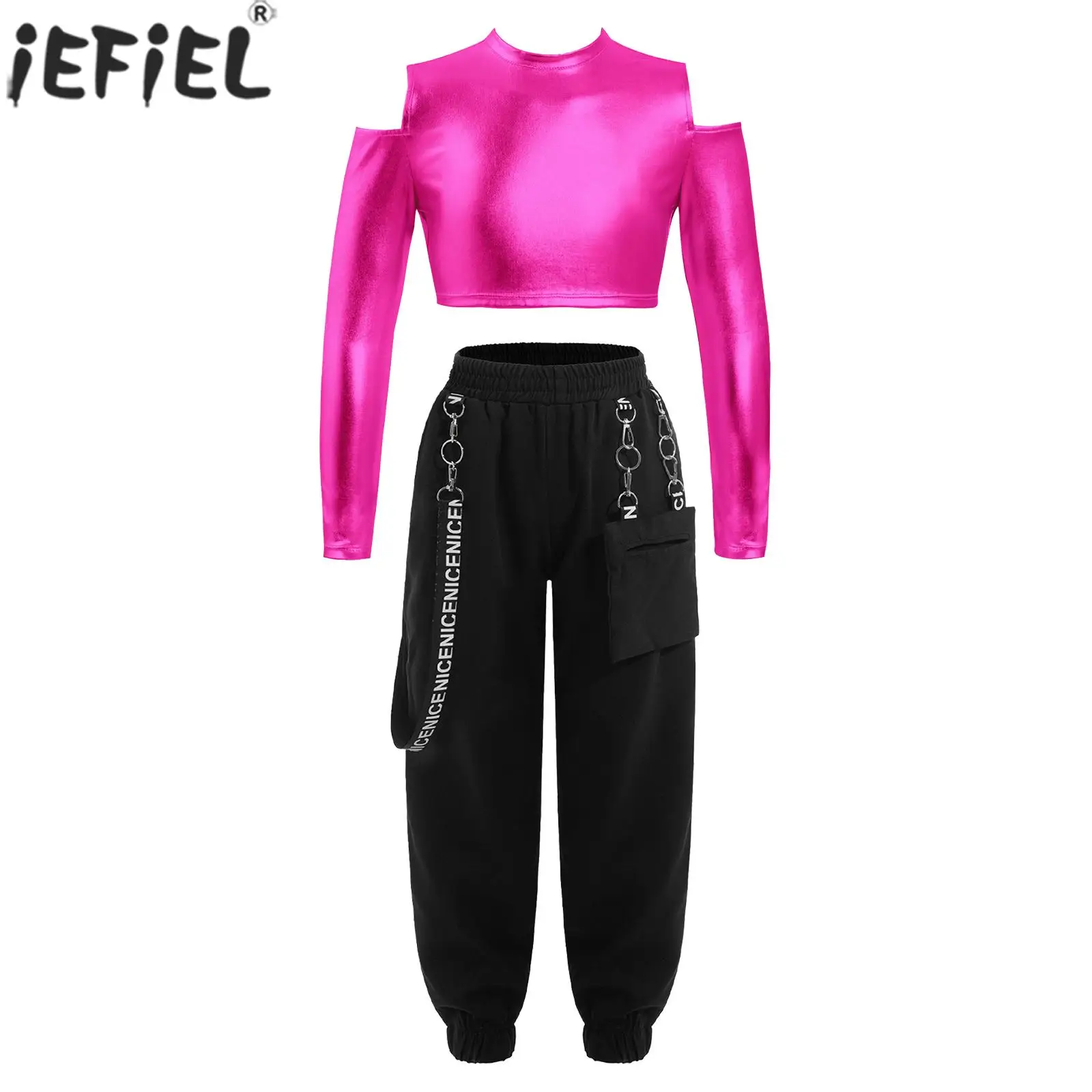 

Child Girls Hip Hop Street Jazz Dance Stage Performance Costume Dancewear Fashion Long Sleeve Off Shoulder Crop Top with Pants