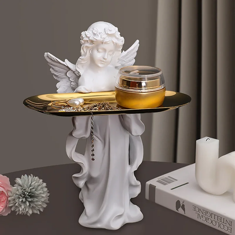 Nordic Entrance Key Storage Angel Figurines Ornament Desktop Angel Sculpture Tray Handicraft Holiday Gift for Study Office Desk