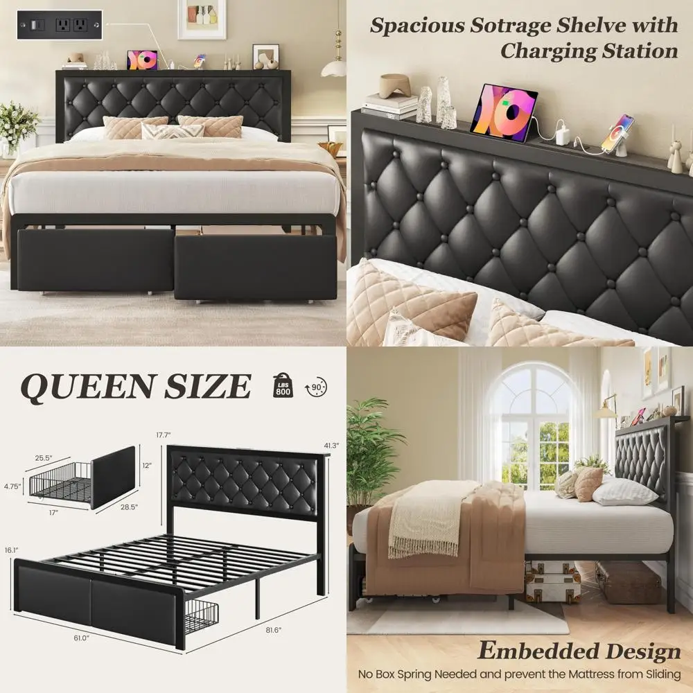 

Upholstered Queen Bed with Storage Drawers and Button Tufted Headboard, Includes Charging Station, No Box Spring Required