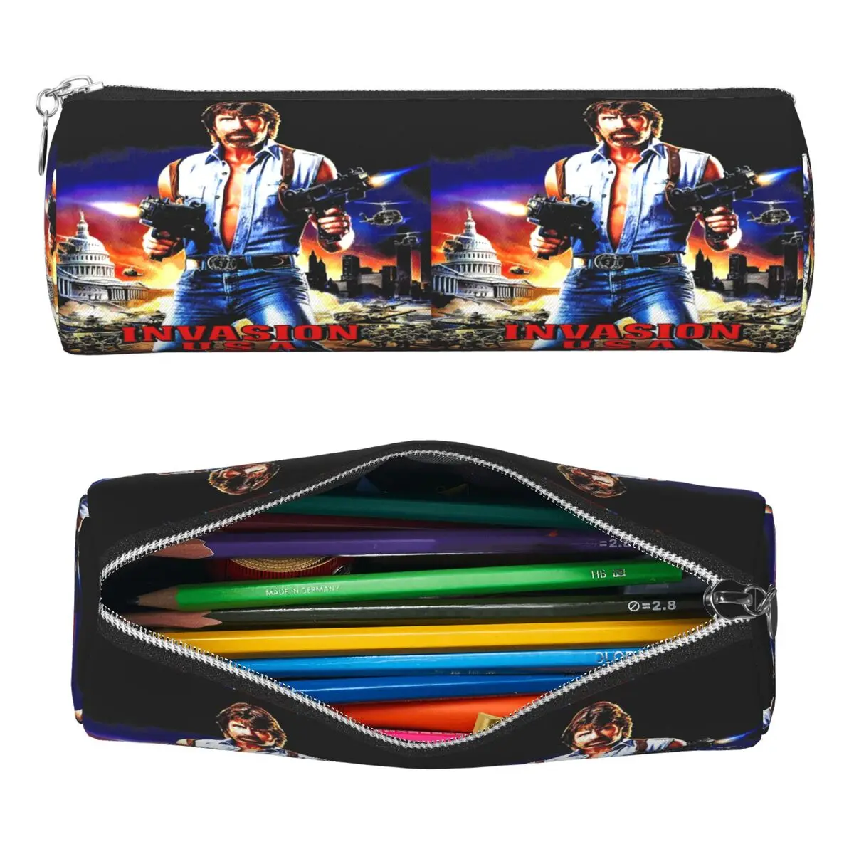 Invasion USA Active Essential Chuck Norris Pencil Cases Pencil Pouch Cylinder Pen Box Pencil Bag for Boy Girl School