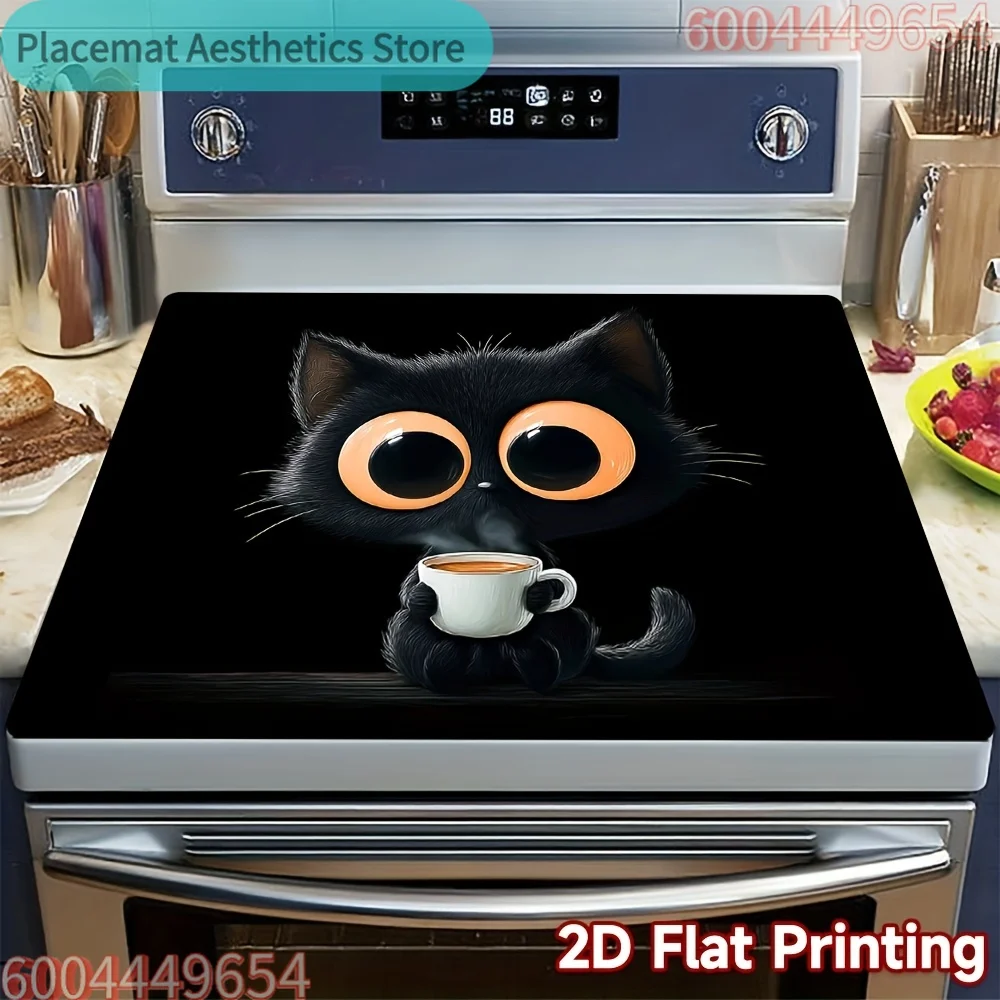 , 2D Flat Printed Stove Protector Cover Featuring a Black Cat Holding a Cup Design. This Modern And Contemporary Stove Protector