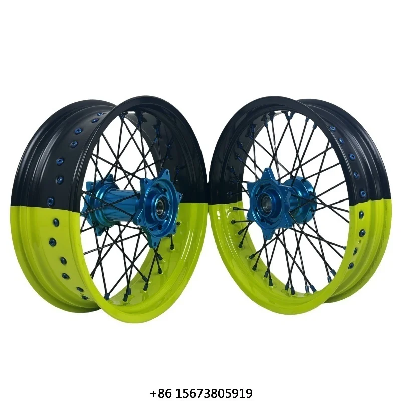 

Fit KT M EXC SXF MC XE TE FE 16/17 Fluorescent Yellow Black Two-tone Rims Light Blue Hubs Dirt Bike Supermoto Wheels