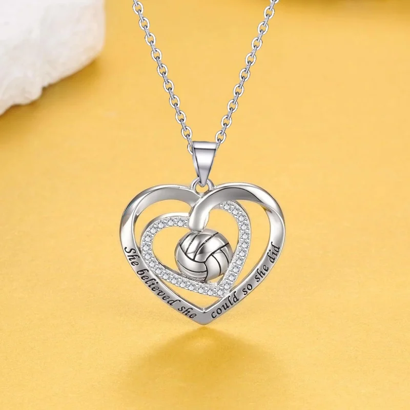 Huitan Women Volleyball Heart Pendant Necklace Engraved Inspirational Sentence Party Daily Fashion Sports Lady Jewelry Gift