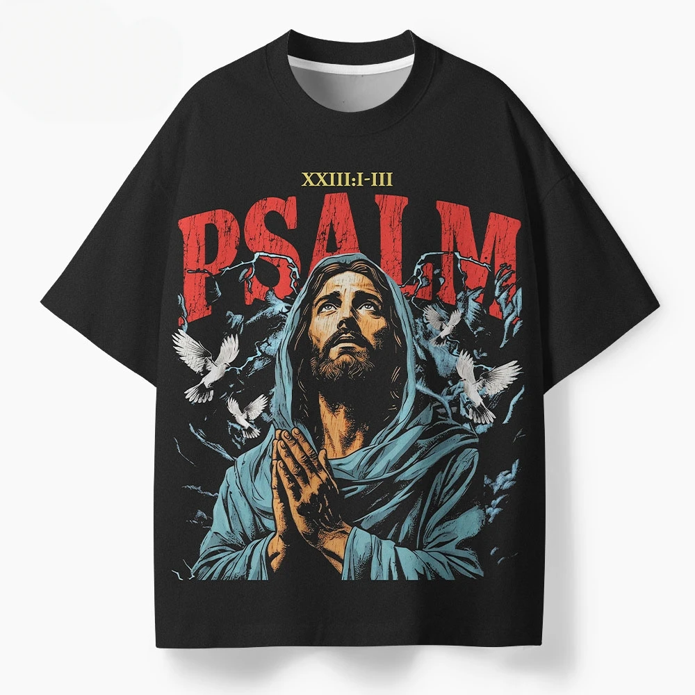 2026 Men Oversized Streetwear T‑Shirt, Inspirational Faith‑themed Retro Art Figure Dove Graphic Tee For Daily Casual Gathering