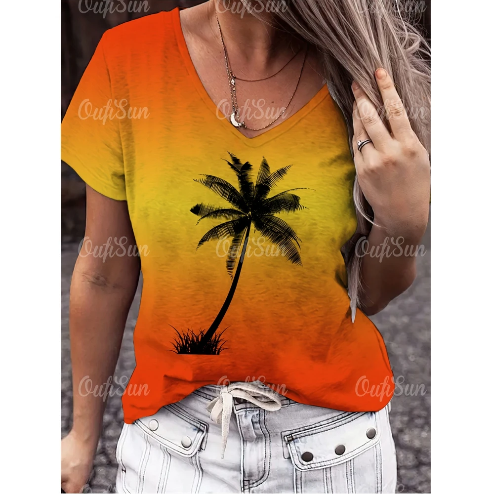 Summer Women's Clothing V-Neck Short Sleeve T-Shirt Hawaii Holiday Casual Top Pullover Simplicity Clothing Oversize Party Tshirt